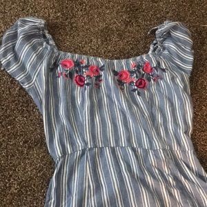 Off the shoulder blue and white striped dress